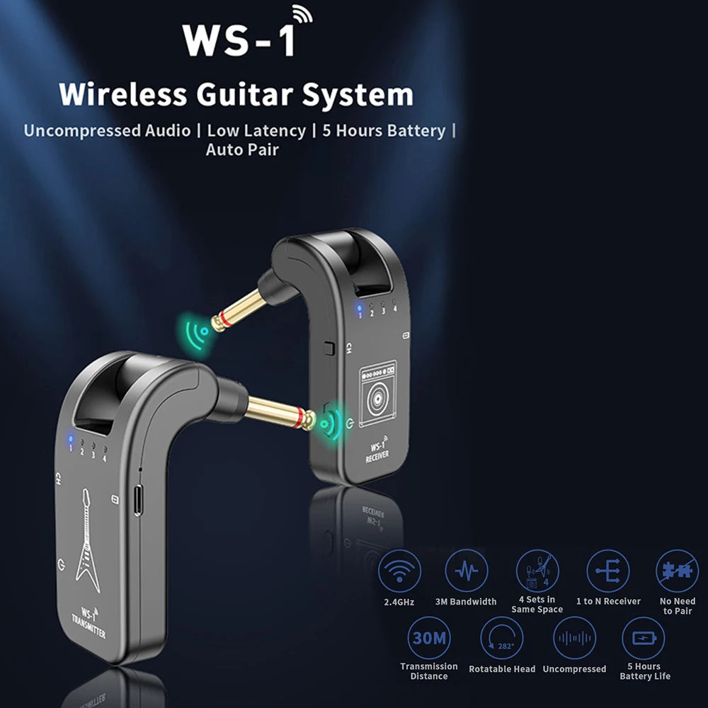 2.4GHz Wireless Guitar System Rechargeable Audio Transmitter & Receiver 4 Channels 30m Transmission Double-end Charging Cable