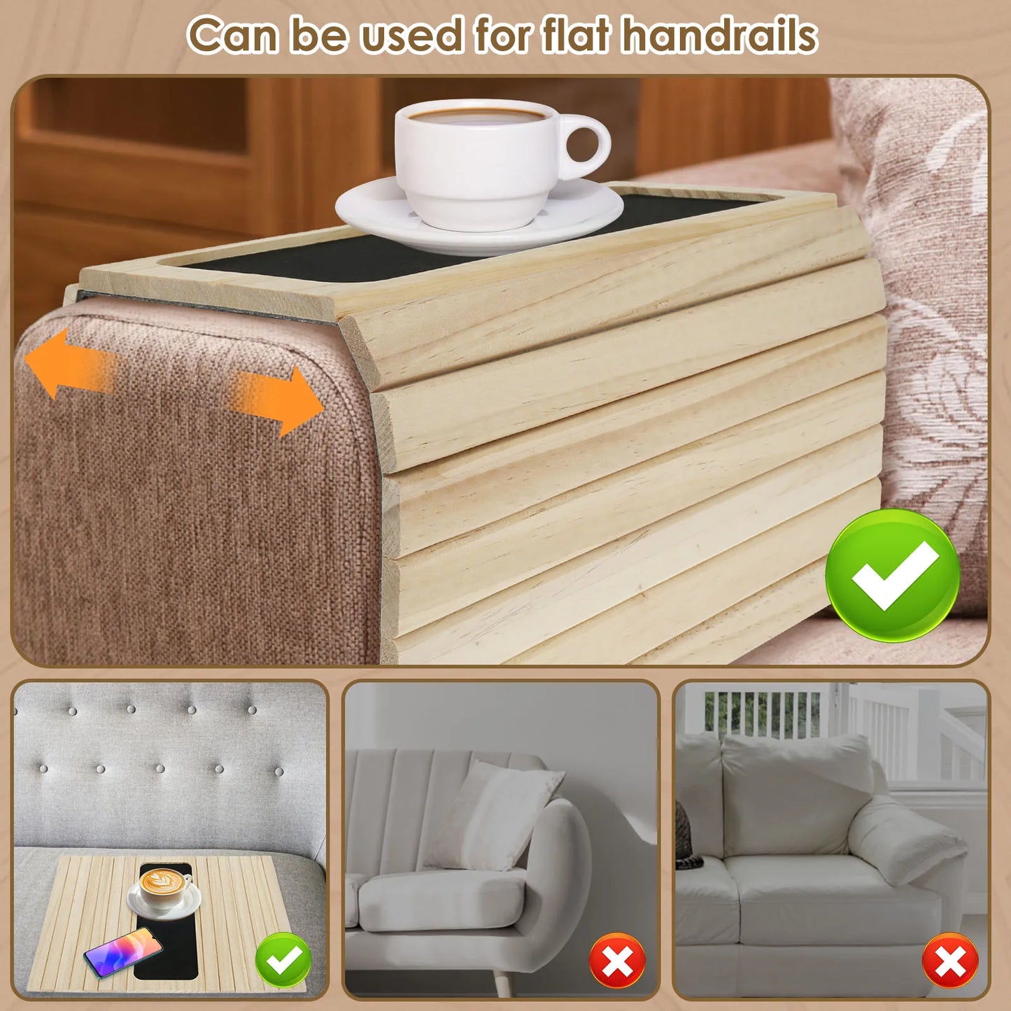 Foldable Wood Sofa Arm Tray Waterproof Table Anti-Slip Armrest Organizer Drink Holder Coaster Living Room Sofa Side Storage Tray