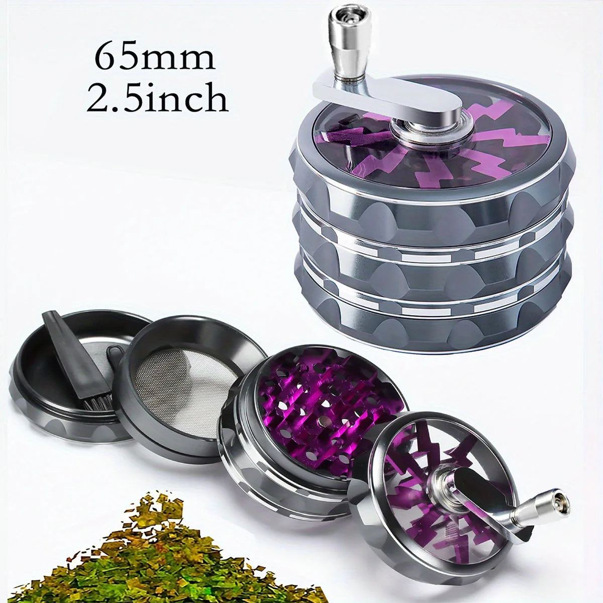 2.5 Inch(65mm)Hand Crank Grinder, Potable Large Grinder With Transparent Top Cover