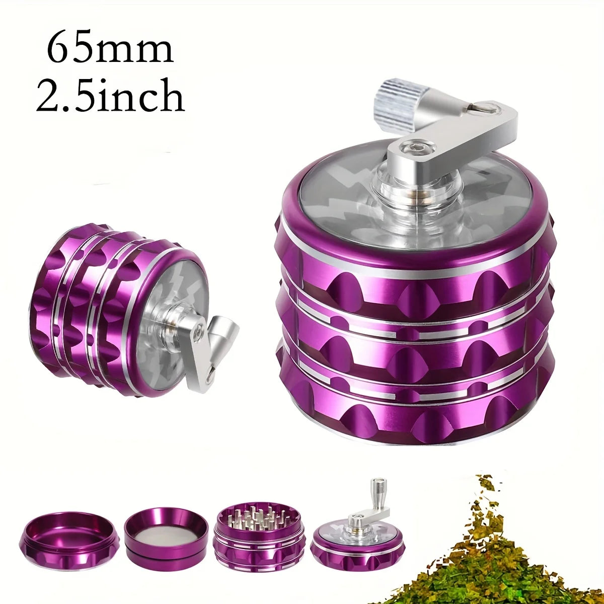 2.5 Inch(65mm)Hand Crank Grinder, Potable Large Grinder With Transparent Top Cover